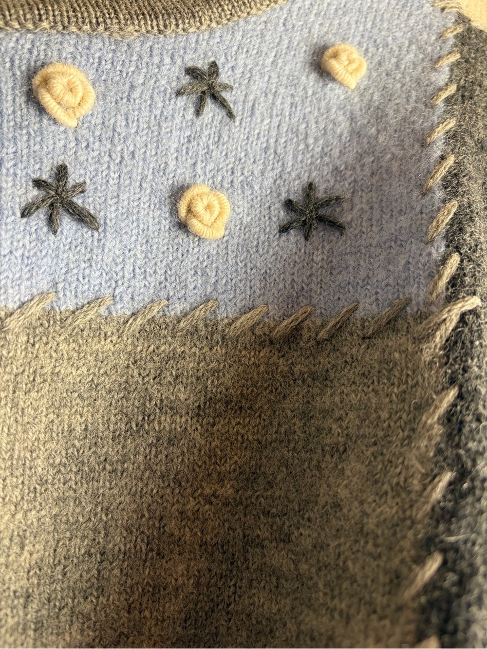 Vtg Tally Ho 100% Wool Patchwork Cardigan Sweater L Gray Blue Snowflake Winter - Picture 5 of 8